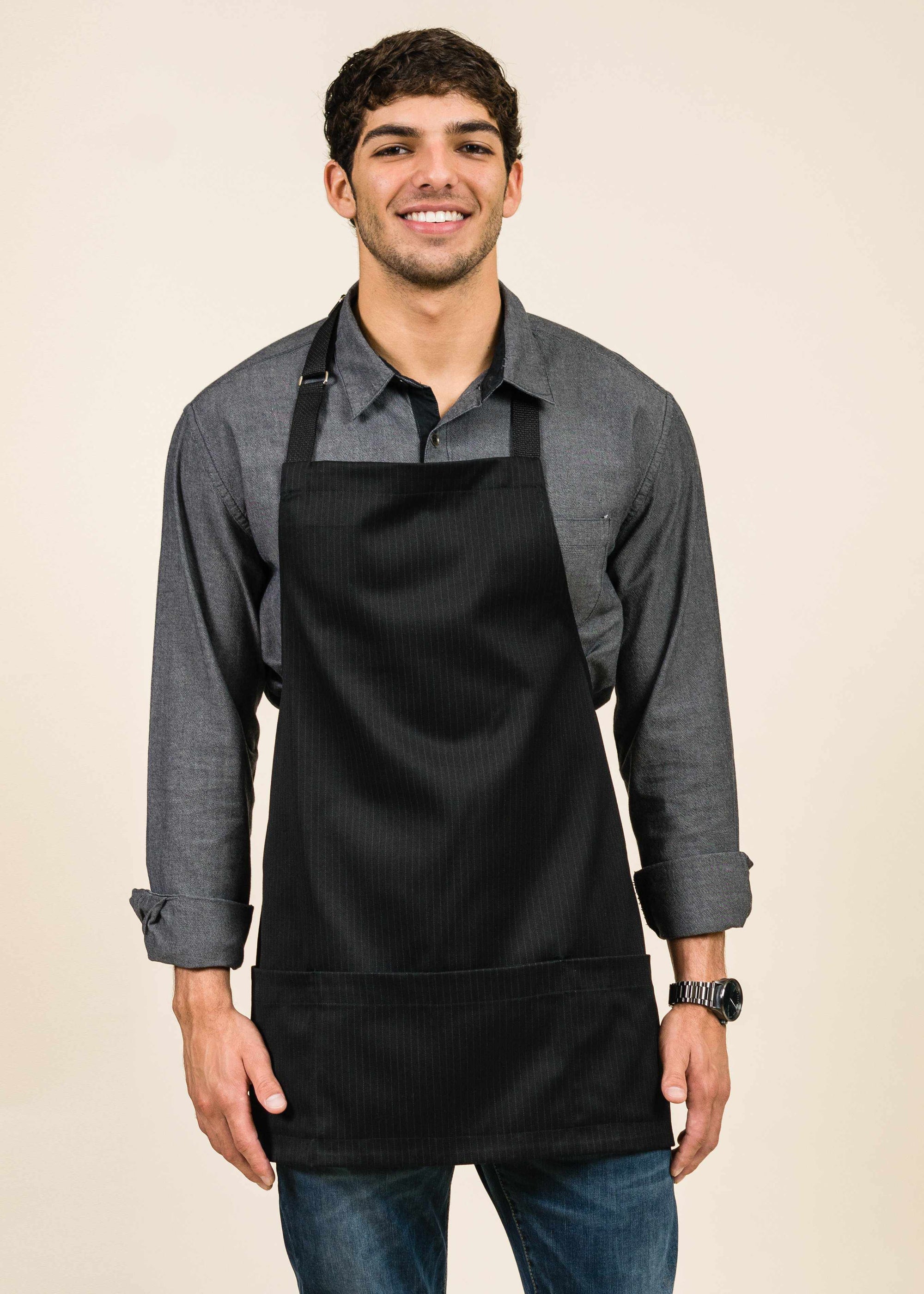 Short Full Black Apron with Pinstripes